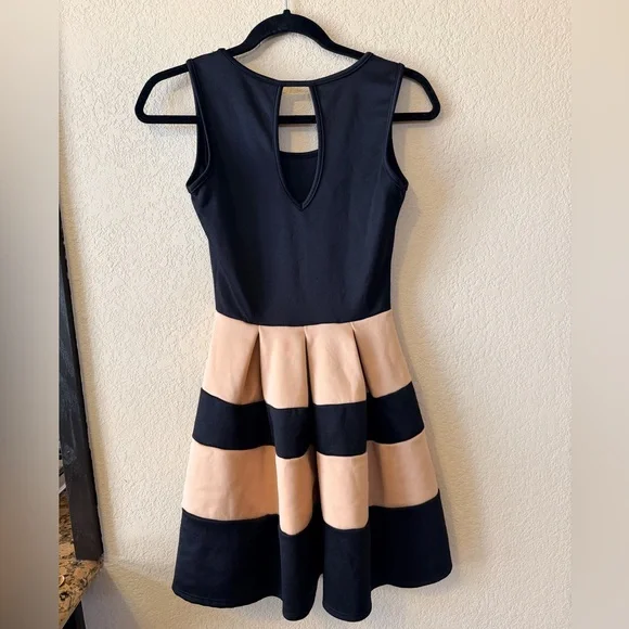 Windsor Sleeveless Black & Beige Striped Fit-and-Flare Dress stretchy/ elegant - Picture 2 of 3